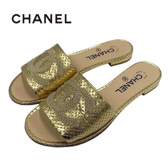 Chanel Handbags - Chanel Sandals Shoes Leather Gold Flat Sandals Mules Coco Mark Punching